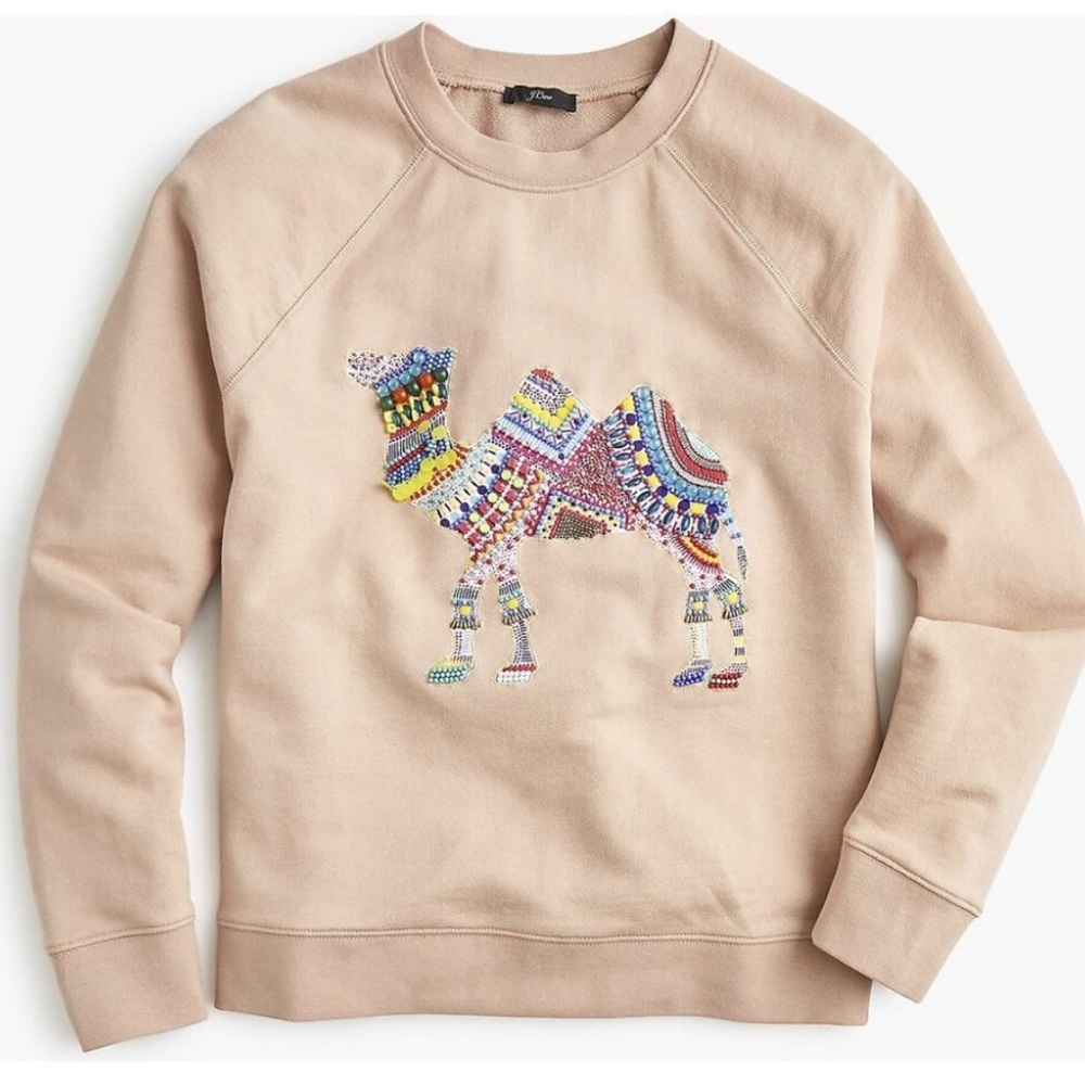 J.Crew XS beaded embellished camel pullover crewneck sweatshirt top long sleeve